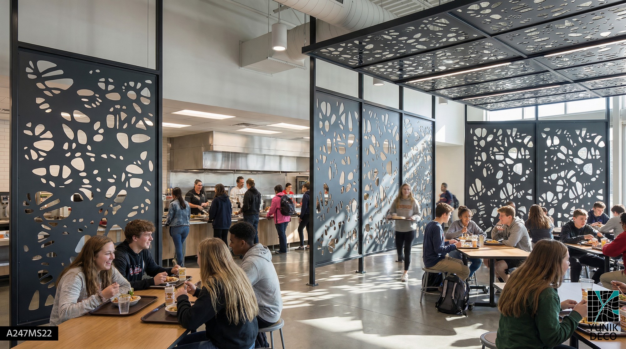 Etude et réorganisation d'un réfectoire de lycée avec une cloison ajourée en découpe laser, design par Yunik Déco