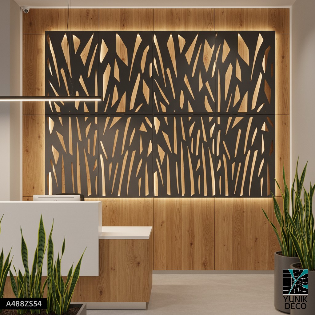Découpe laser de décor mural rétroéclairé en tôle effet végétale pour hall accueil, étude et production par Yunik Deco