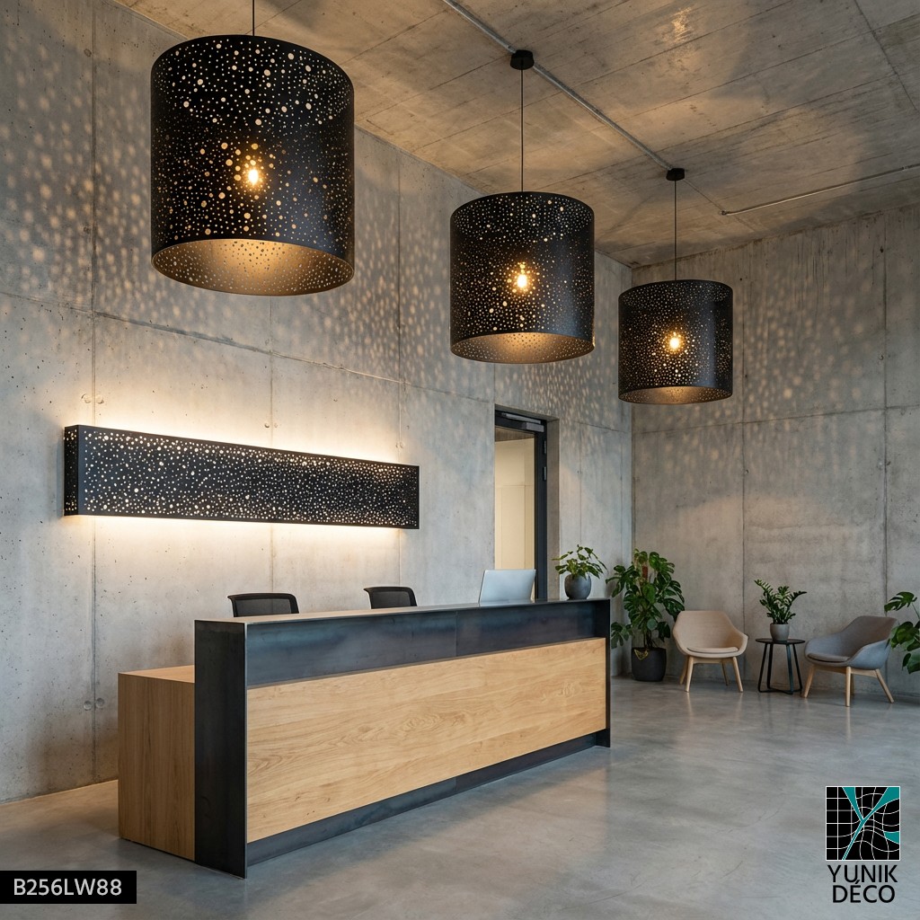 Espace de travail décoré par des luminaires métalliques avec une projection nuage de points projetés. Design par Yunik Déco