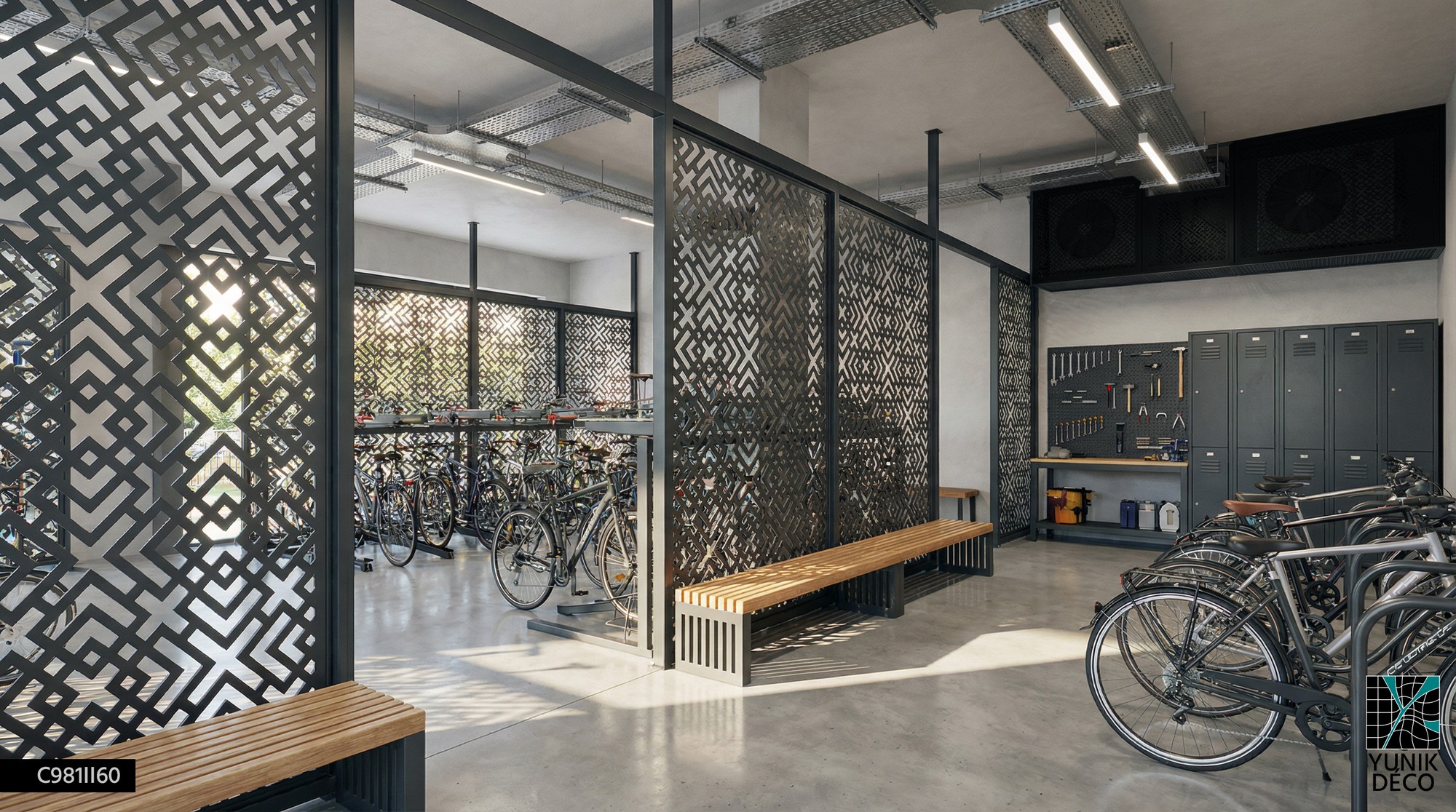 Organiser l'agencement d'une boutique de vélo avec un Moucharabieh géométrique pour structurer et cloisonner, conception par Yunik Déco