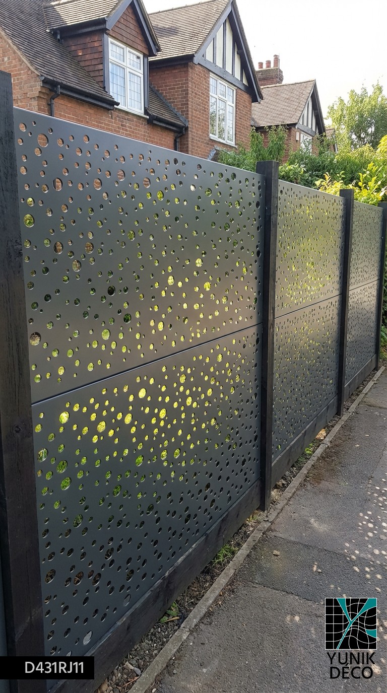 Mise en oeuvre d'une clôture d'occultation dans un pavillon résidentiel avec une tôle perforée aléatoire, composition par Yunik Déco