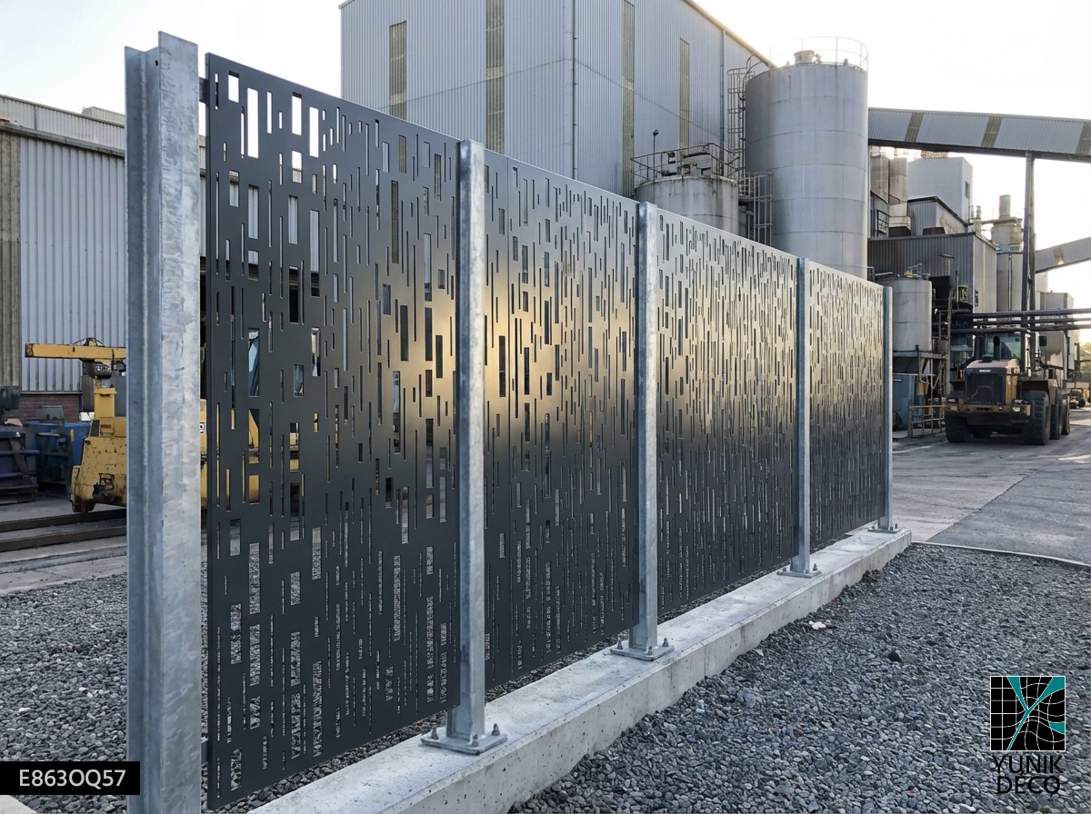 Clôture industrielle en tôle découpée laser motif Lones, séparation sécurisée piétons et engins lourds, structure acier galvanisé sur béton, par Yunik Déco