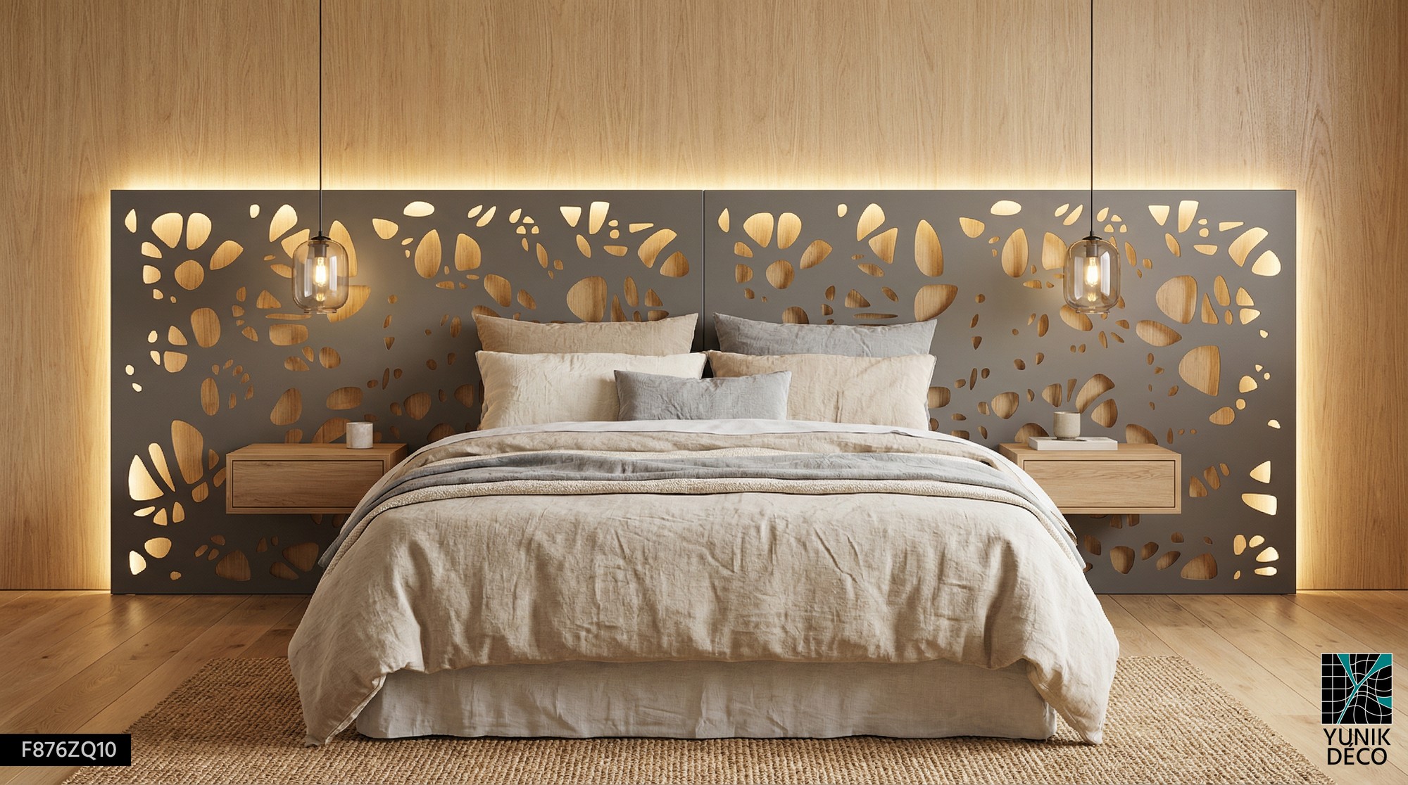 Mise en oeuvre d'un tête de lit originale avec une découpe organique pour aménagement intérieur, coneption par Yunik Déco