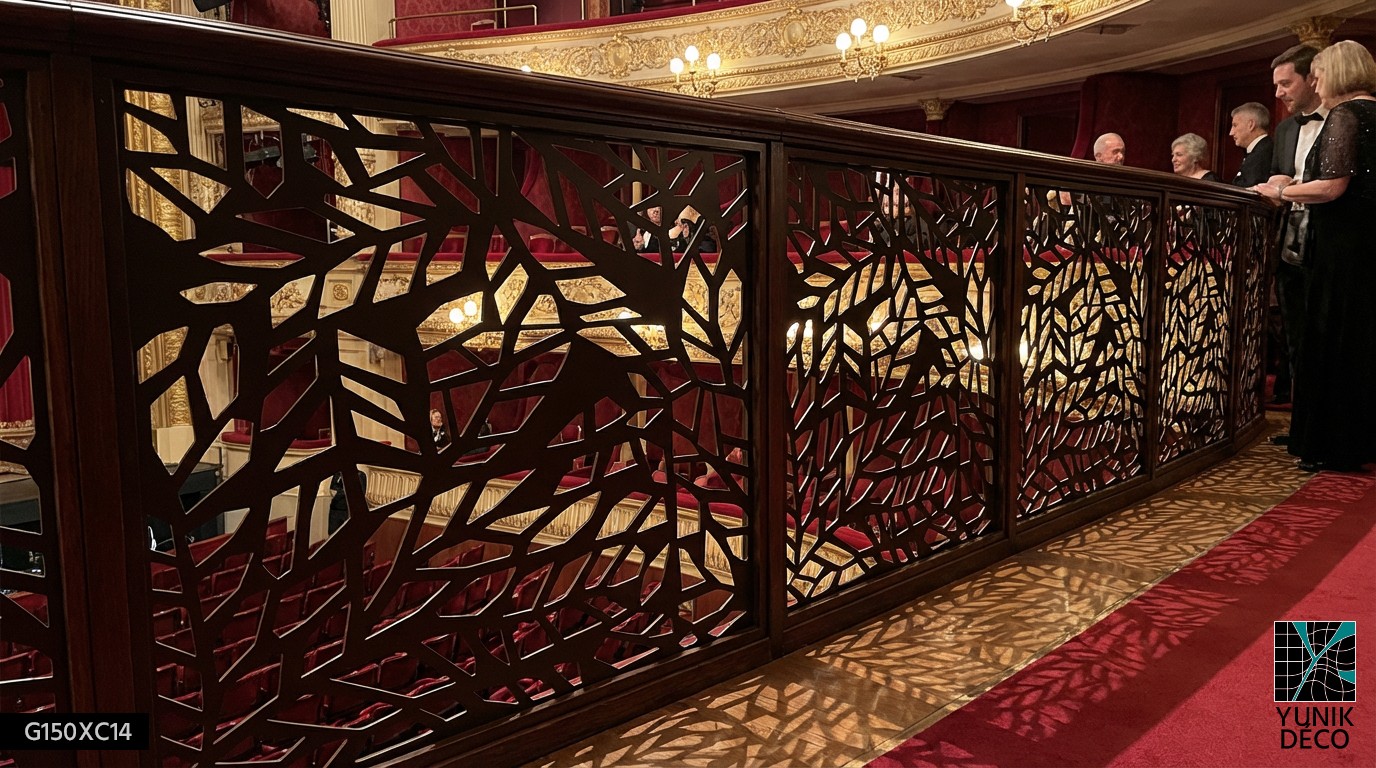 Rénovation de balcon d’opéra avec garde-corps en métal découpé laser, motif végétal et intégration au style ancien, sécurité discrète, par Yunik Déco
