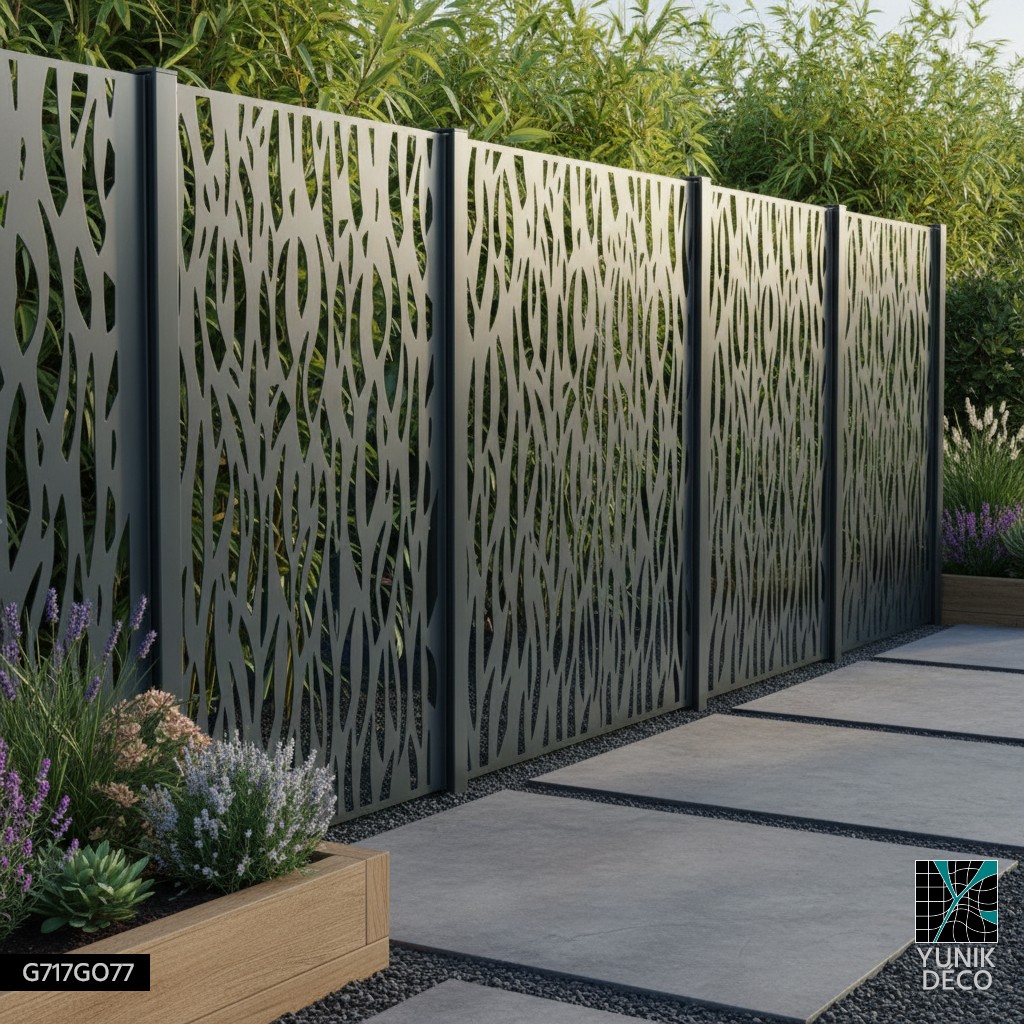 Clôture opaque en découpe laser végétale pour jardin privé, assurant protection et occultation dans un cadre minéral et planté de bambous, dessin par Yunik
