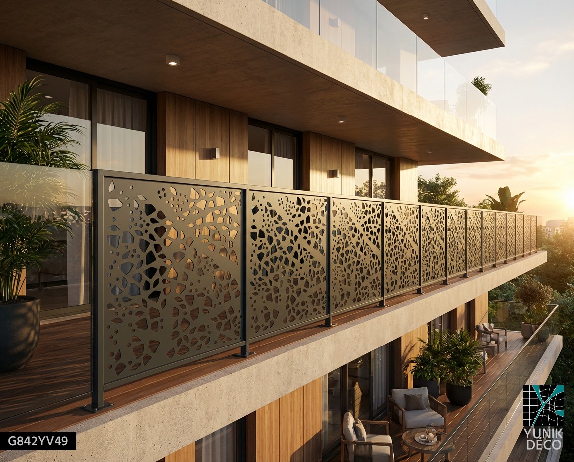 Balcon moderne avec garde corps en découpe laser à teinte cuivrée, contraste le verre et offre une protection du regard, par Yunik Deco