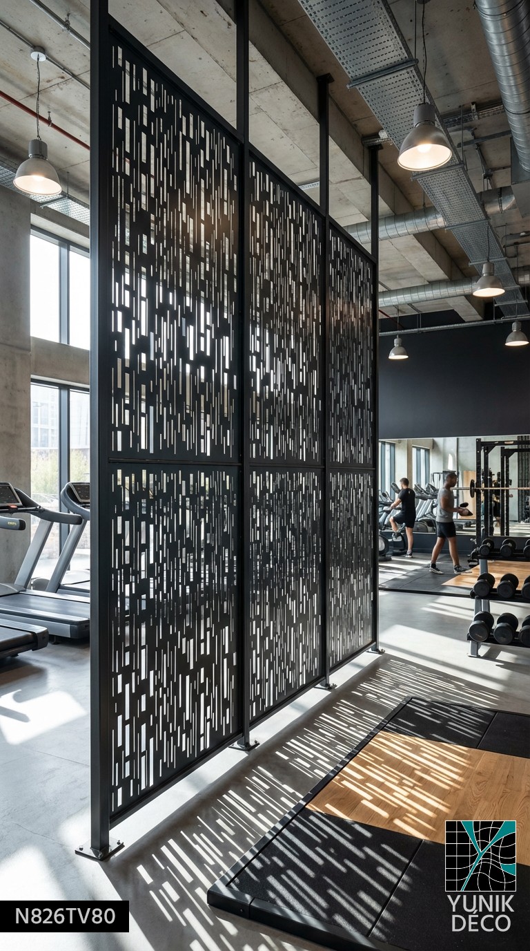 Salle de sport structurée par un claustra métallique découpé laser, séparation ajourée pour zone pilate et musculation, confort et intimité maîtrisés, par