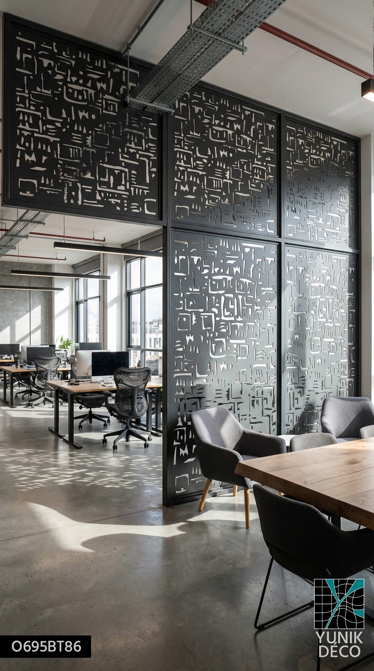 Salle de coworking moderne structurée par un séparatif en métal découpé laser symbolique, cloisonnement léger et jeu d’ombre maîtrisé, par Yunik Déco
