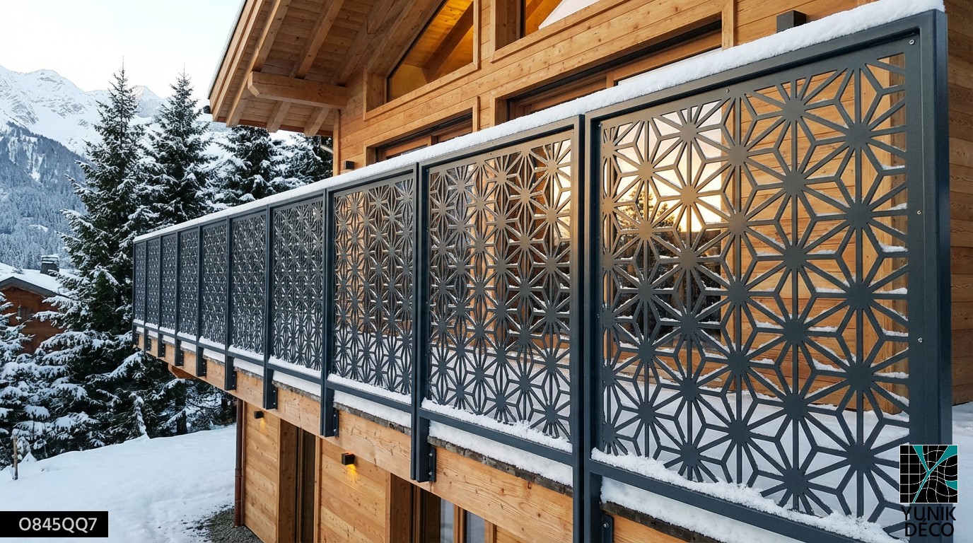 Garde-corps en tôle perforée à motif géométrique pour chalet suisse en montagne, transparence maîtrisée et fixation à l’anglaise. Conception Yunik Deco