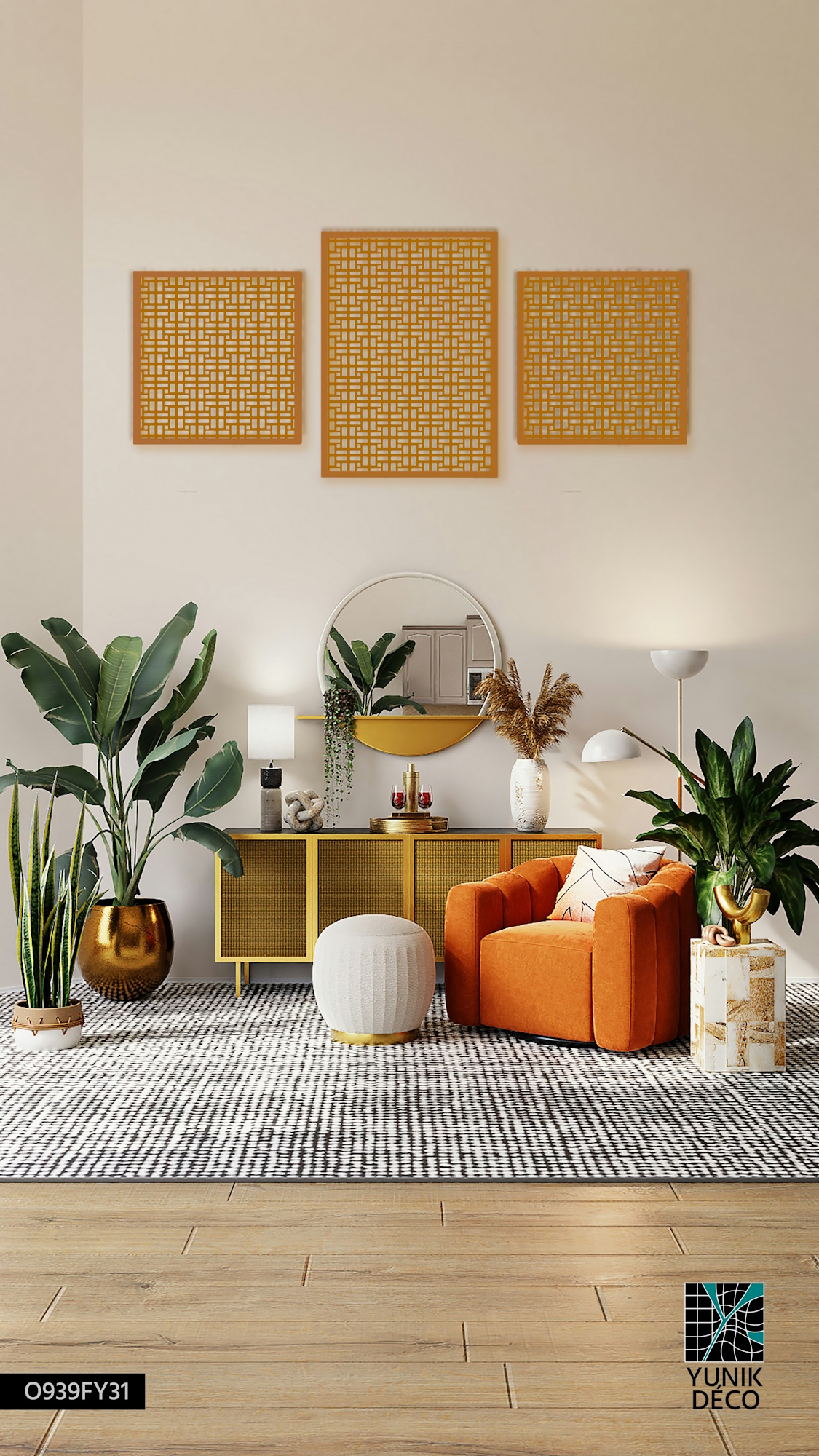 Yunik Déco présente le Moucharabieh Lascala acier RAL 2000 : motif géométrique structurant, il transforme le mur et apporte lumière, rythme et cohérence