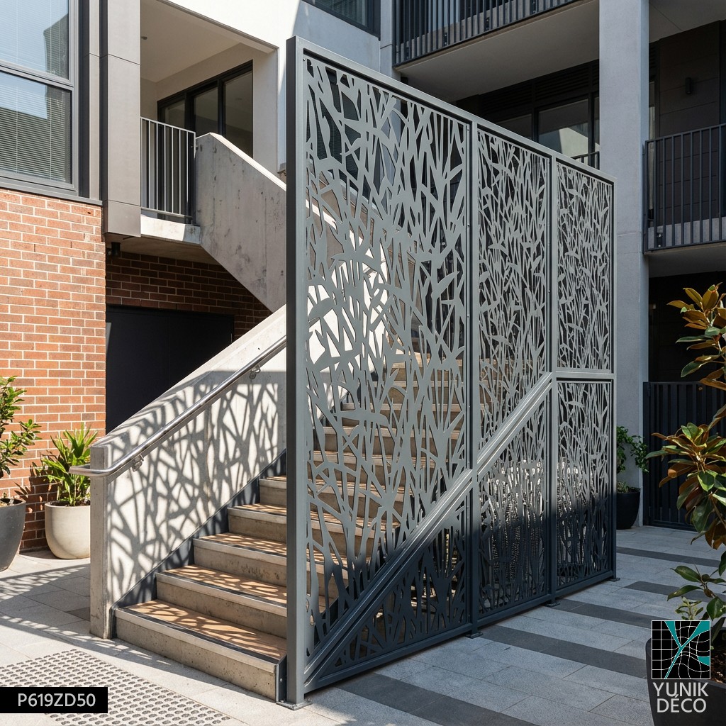 Mise en oeuvre d'une protection d'escalier béton par garde corps au motif végétal de Roseau, design par Yunik Déco