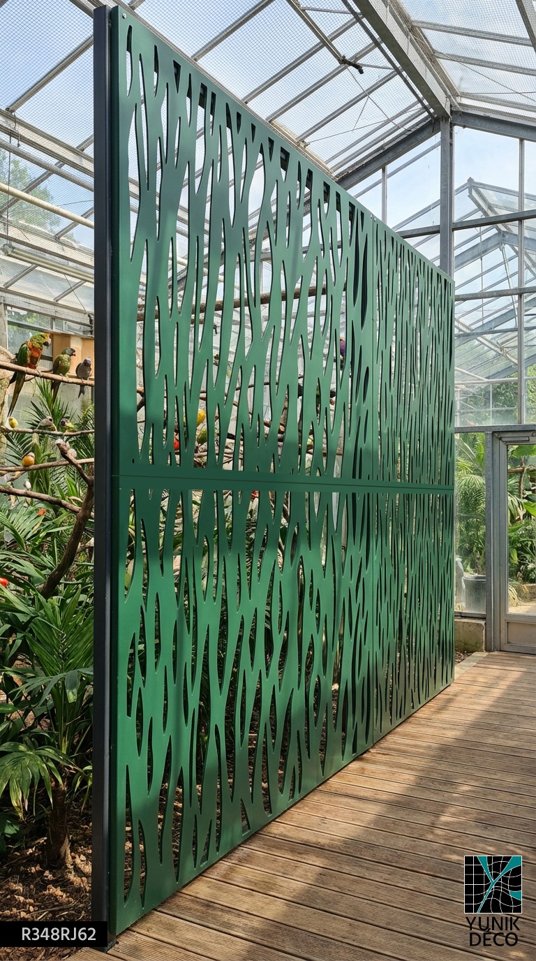 Cloison métallique ajourée motif végétal pour volière, offrant occultation partielle, protection solaire et jeu d’ombre naturel, conception par Yunik Deco