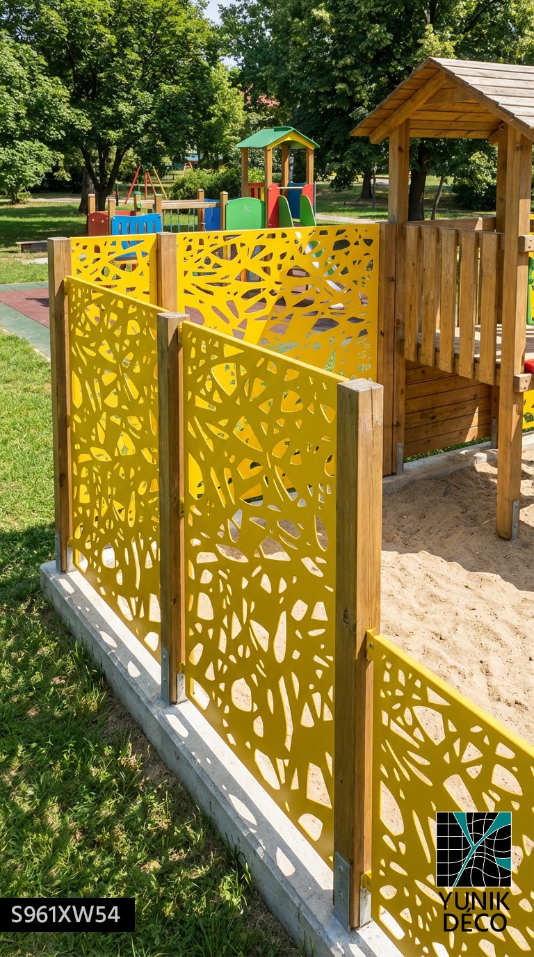 Mise en oeuvre d'une protection métallique autour d'un parc d'enfants avec de la tôle découpe laser, création par Yunik Déco