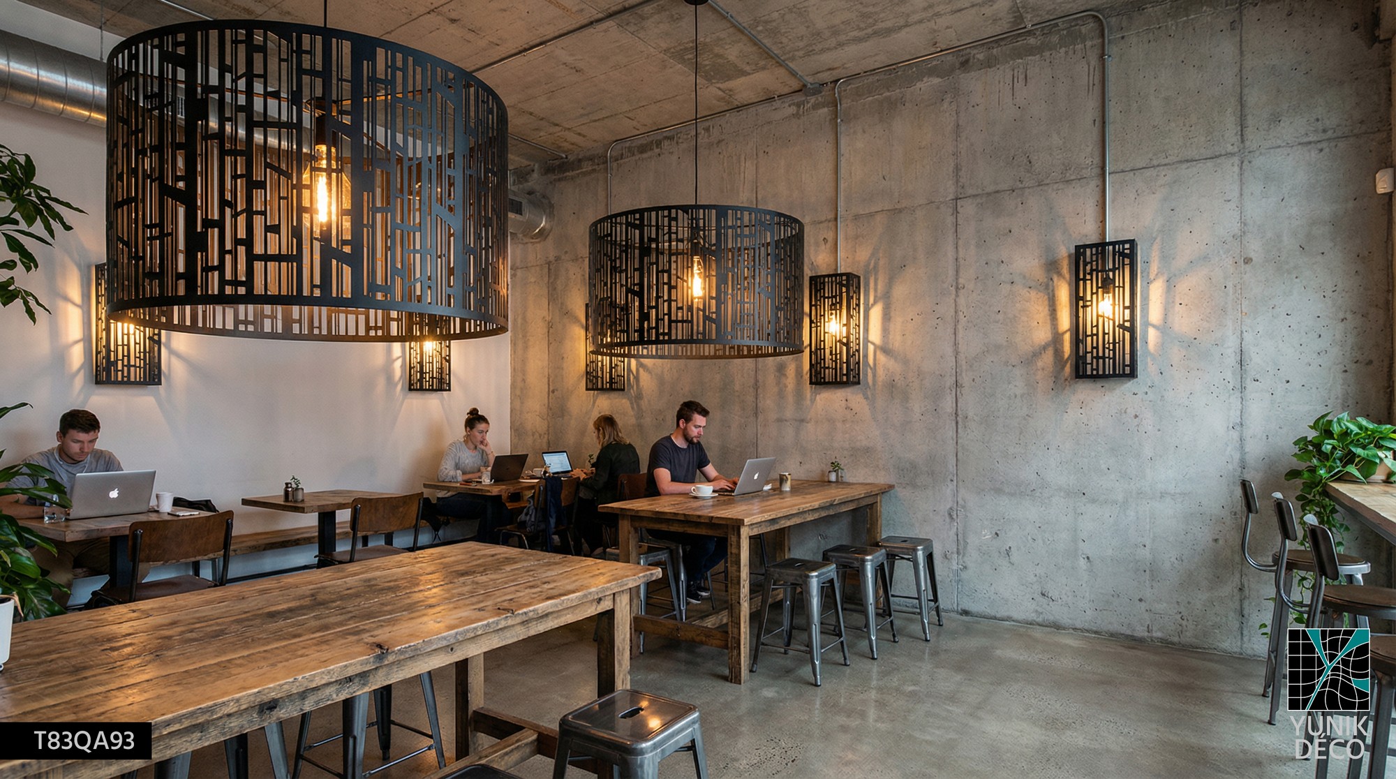 Espace de coworking sublimé par un moucharabieh en métal découpé laser modèle Saint Thaux, jeu d’ombres et harmonie bois-béton, par Yunik Déco
