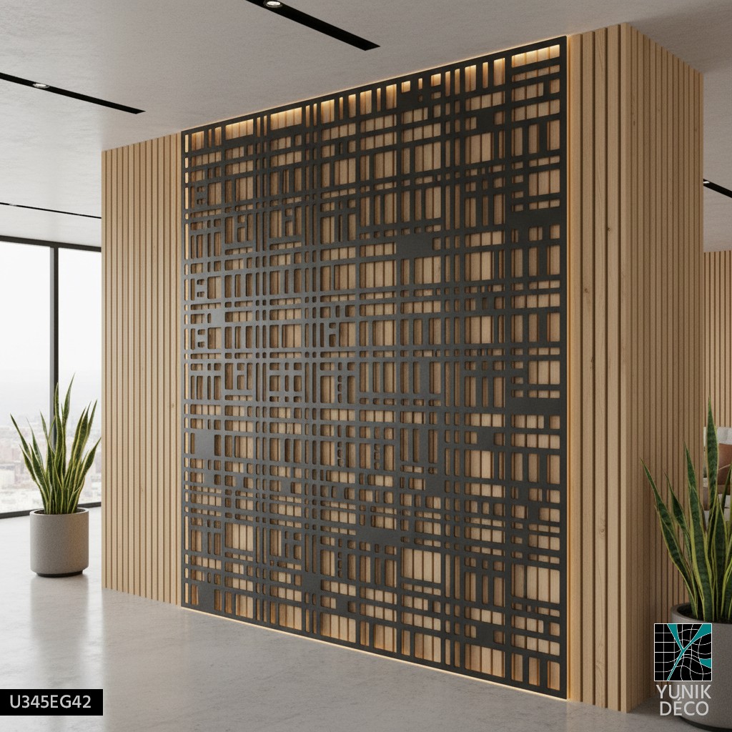 Mise en place d'un décor mural pour un espace bureau créant un focus dès l'arrivée dans le lieu, conception par Yunik Déco