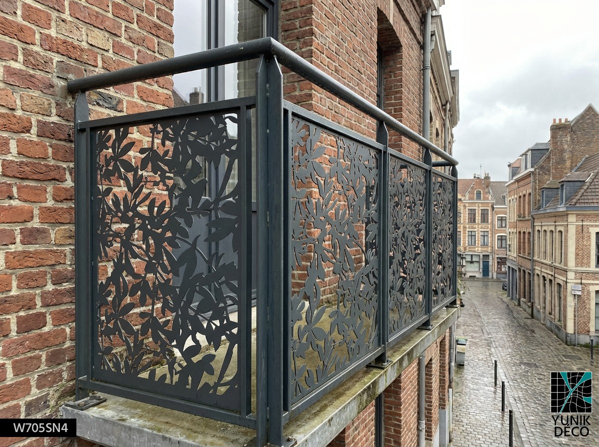 Remplacement de ferronnerie par garde corps anti chute en découpe laser végétale, intégré à un immeuble de bureaux du Vieux Lille, image par Yunik Déco