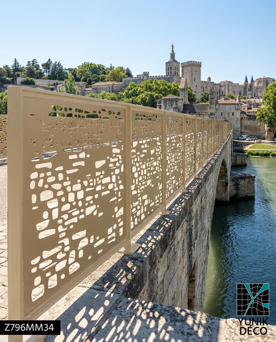 Illustration du travail de découpe laser sur une rambarde de pont ancien dans un espace proche de Monument Historique, dessin par Yunik Déco