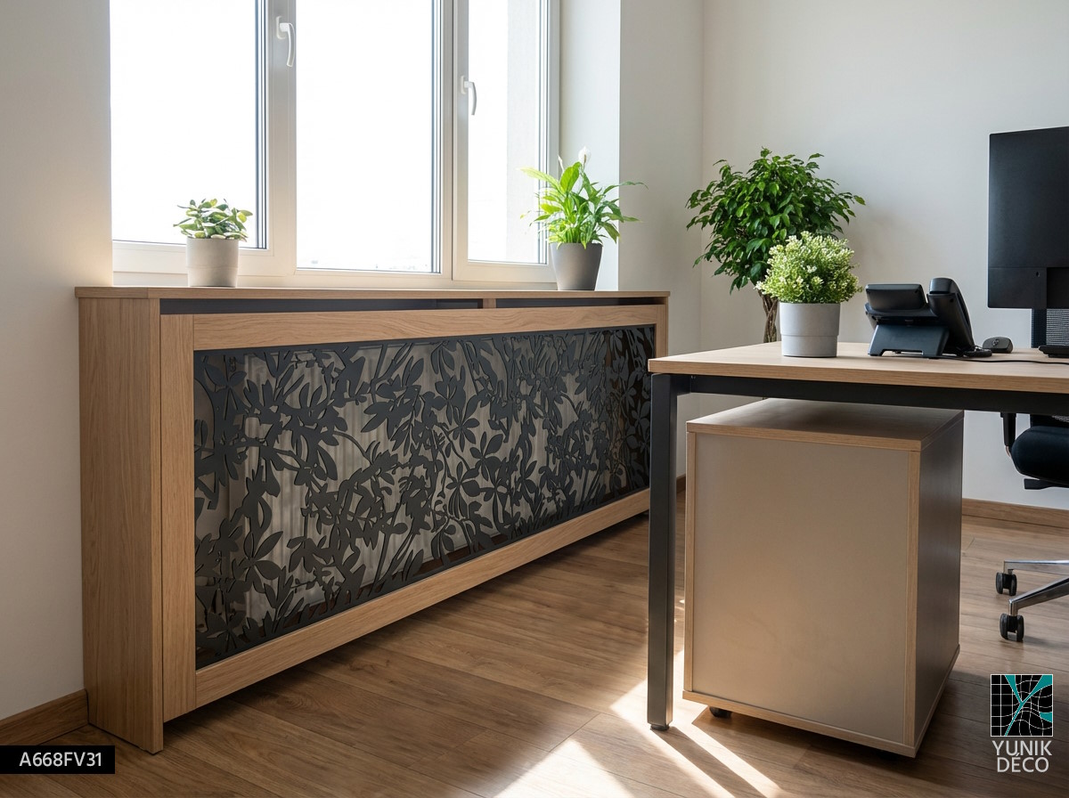 Beau cache-radiateur métallique au motif MARRONNIER intégré dans un meuble, il transforme un élément chauffant en pièce design, conçu par Yunik Déco.