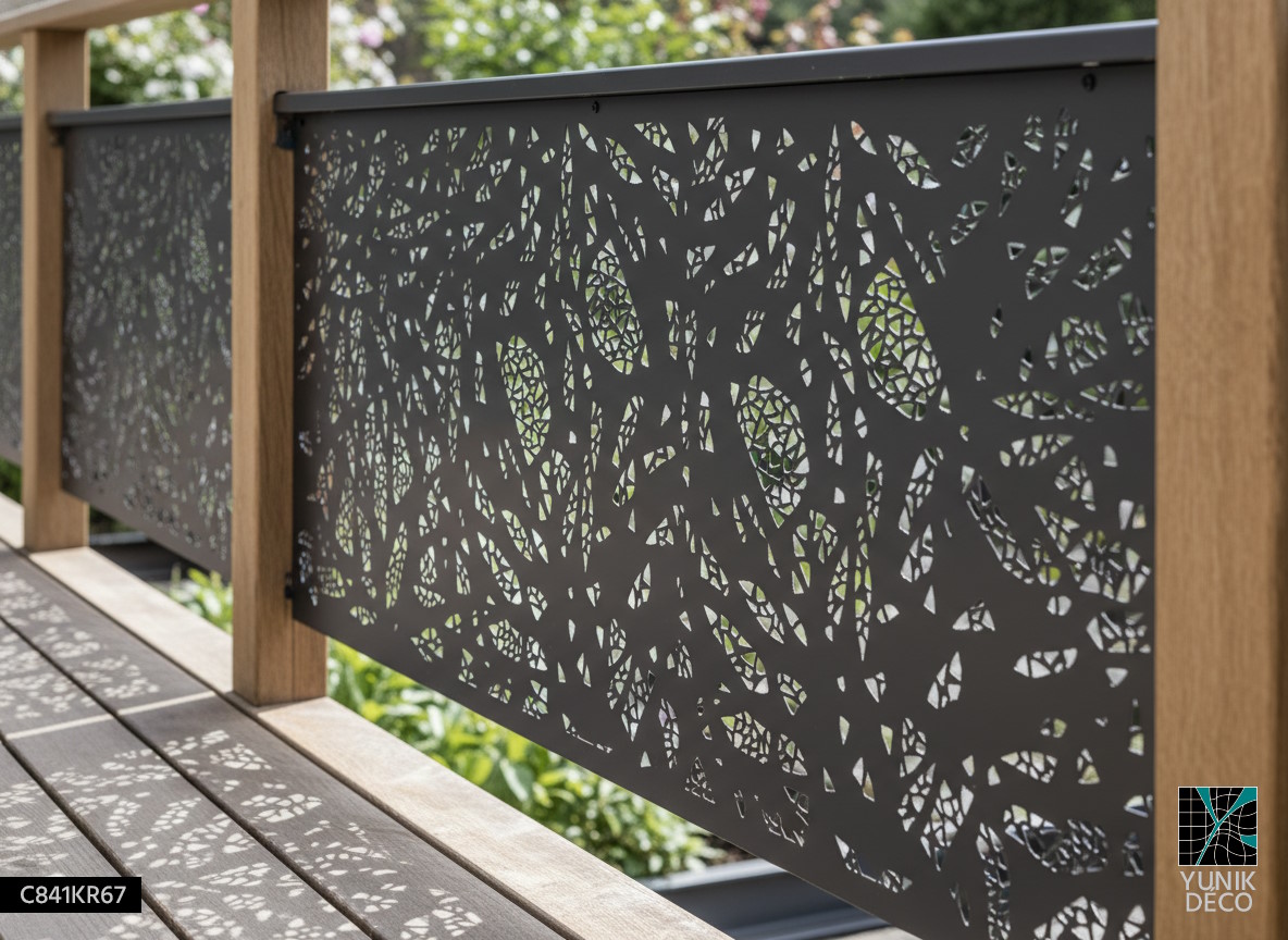 Garde-corps métallique motif Macifore, sécurisant et décoratif, créant un jeu d’ombres naturel sur une passerelle en bois, design par Yunik Déco.