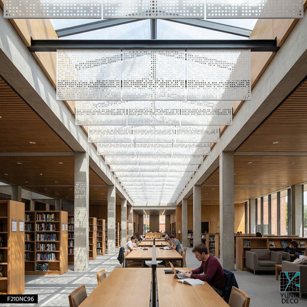 Décoration de puit de lumière par perforation aléatoire KARTIDE dans une bibliothèque, elle diffuse la lumière , structure l'espace, conçu par Yunik Déco.