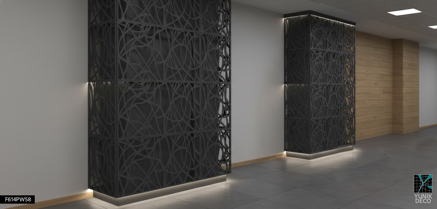 Cloison métallique cache-colonne Influx en tôle découpe laser au motif aléatoire et courbes légères, design par Yunik Déco.