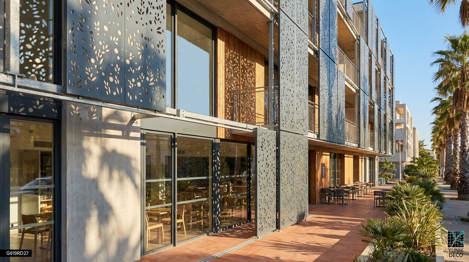 Brise-soleil au motif BRIGADINE en tôle perforée, habillant une façade d'un Hôtel , il filtre la lumière, protège les balcons, design par Yunik Déco.
