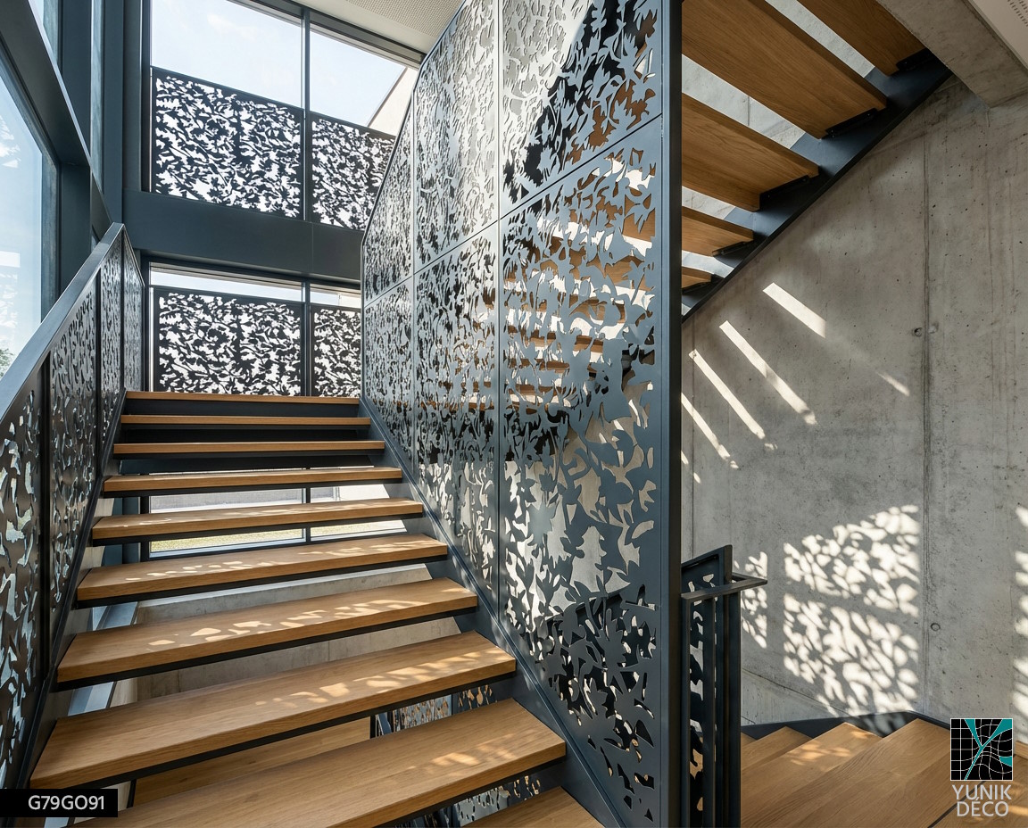 Escalier intérieur avec rambarde en découpe laser motif végétal FRONDAISON, alliant sécurité, élégance, design par Yunik Déco