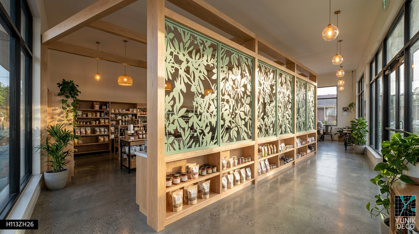 Cloison acier en motif marronnier dans un magasin bio. Métal et bois structurent l’espace et filtrent la lumière, réalisation par Yunik Déco