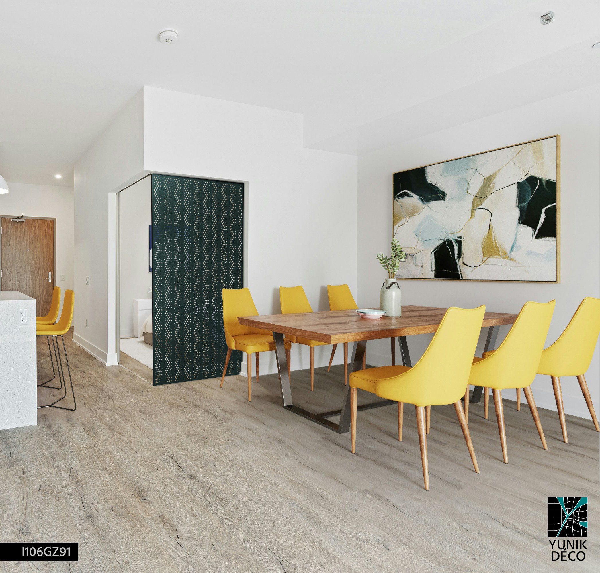 Séparateur décoratif au motif ondulé RACONIE, structurant un espace moderne et lumineux, idéal pour un Airbnb bien noté, design par Yunik Déco