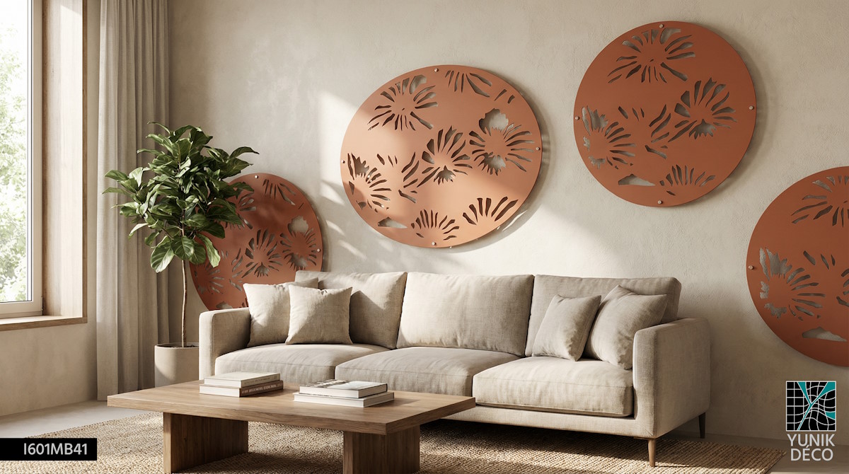 Décoration murale en métal découpé au laser, motif végétal circulaire Wall Circle pour salon contemporain et ambiance cuivrée.