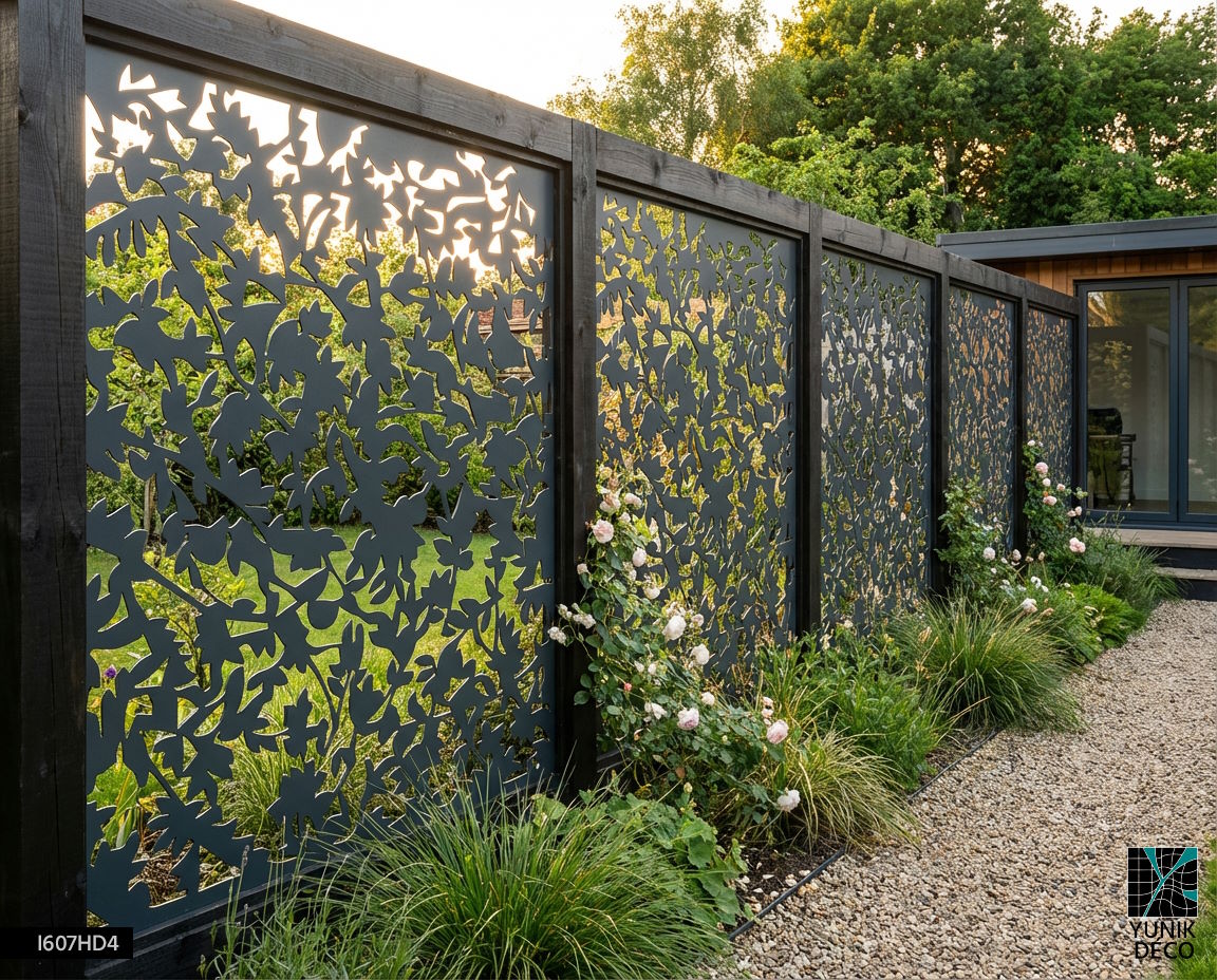 Clôture ajourée au motif floral FRONDAISON mêlant métal et bois, intégrée dans un environnement végétalisé, design par Yunik Déco