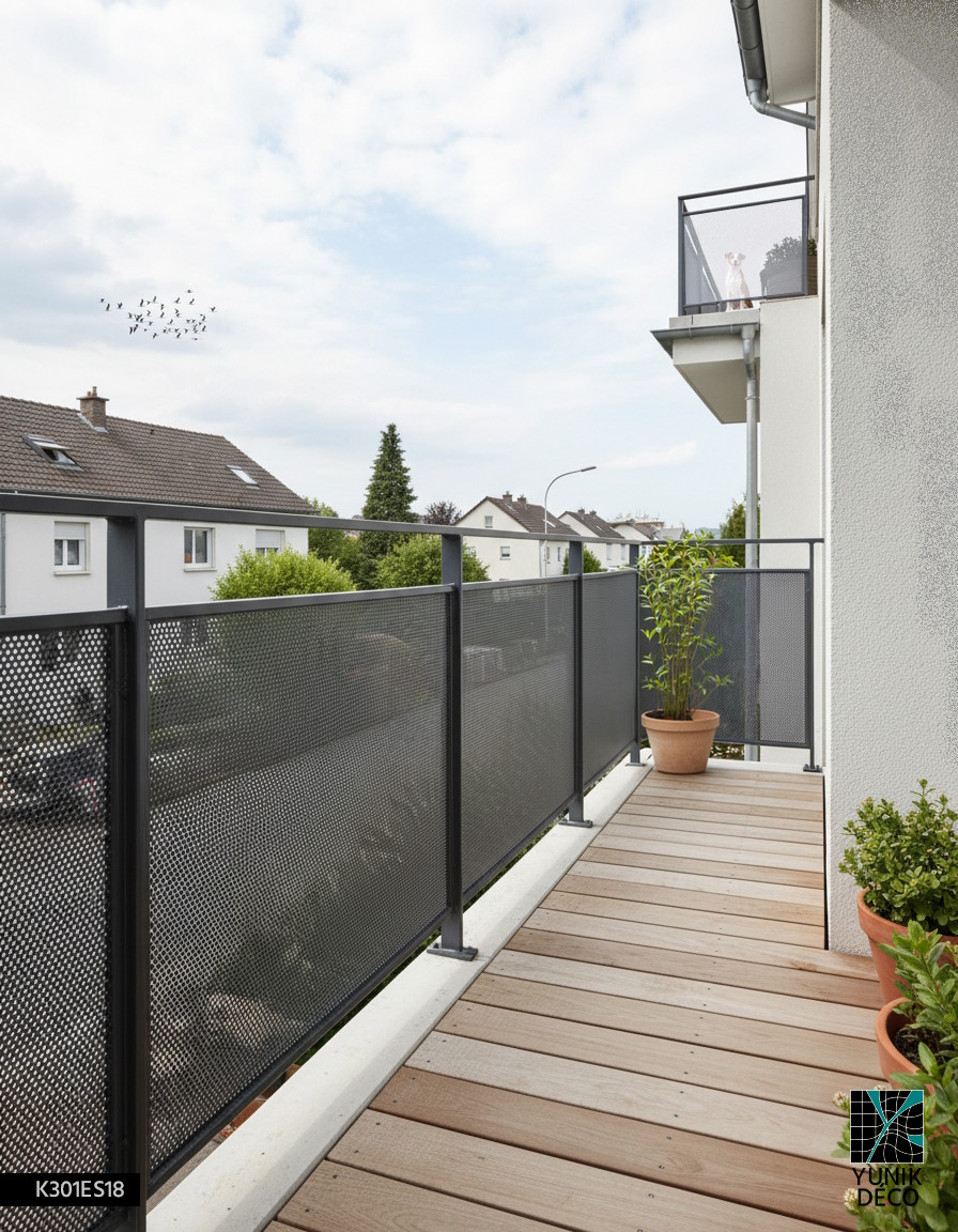 Remplissage Garde-corps métallique motif Millet, ajouré et sécurisé, pour balcon en quartier résidentiel, design par Yunik Déco.