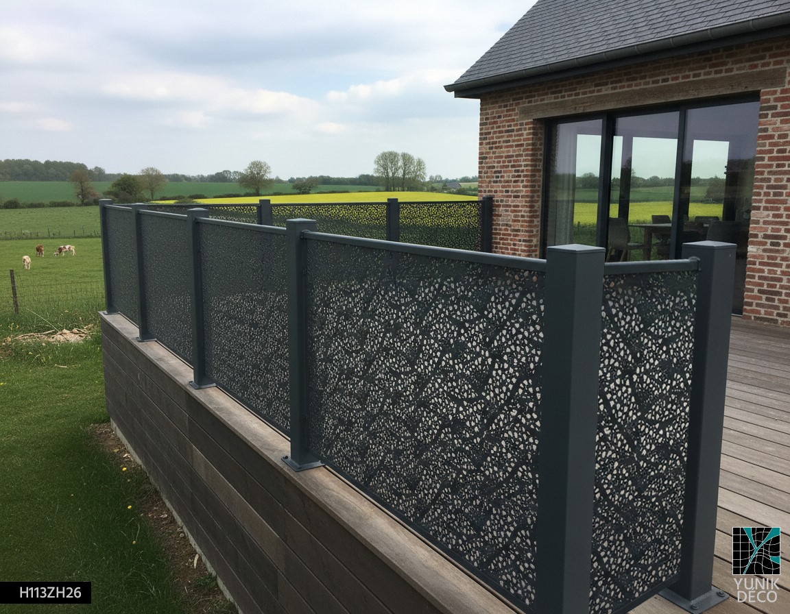 Garde-corps métallique perforé Tou Mura, robuste et élégant, apportant modernité et protection au vent à une terrasse, design par Yunik Déco.