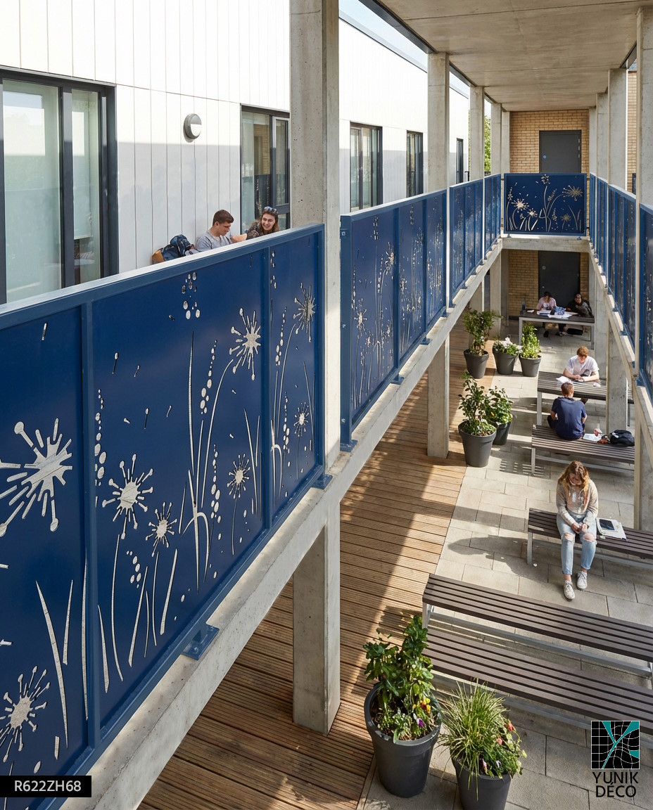Garde-corps découpe laser motif Roseaux RAL 5002, alliant sécurité et dynamisme dans un espace universitaire ouvert et convivial, Design par Yunik Déco