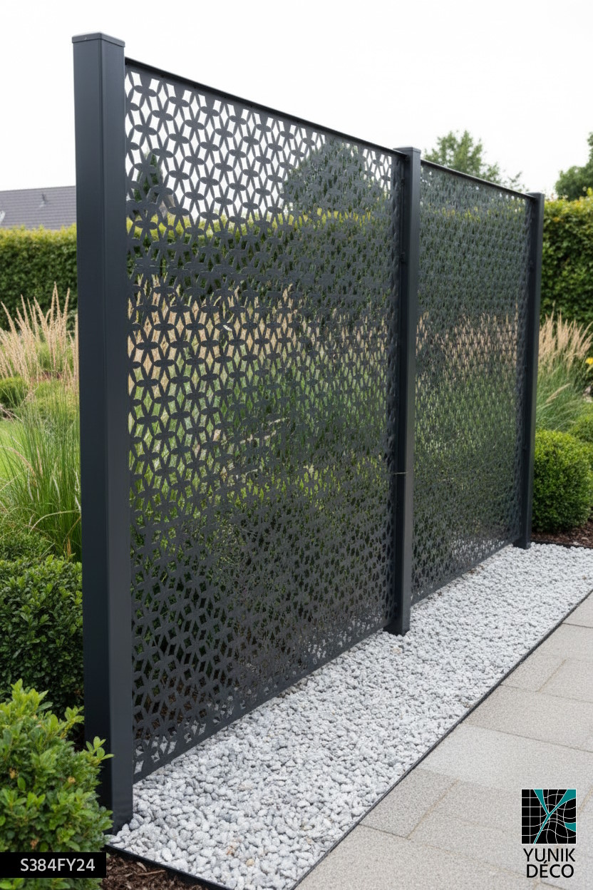 La clôture métallique au motif Kanta Rosa accompagne le parcours de jardin, design par Yunik Déco.