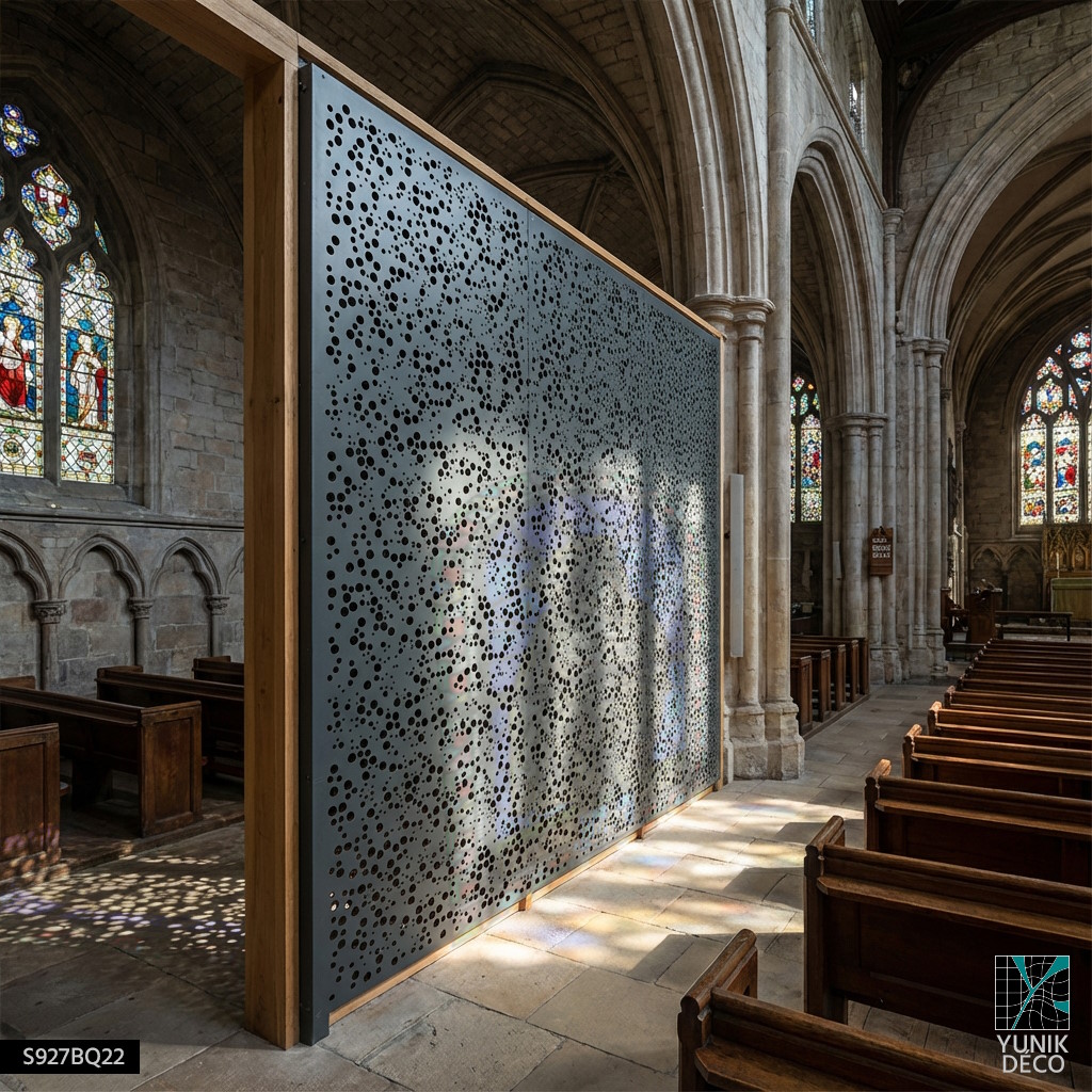 Paroi ajourée métallique au motif Opale Sparks, il structure l’espace d’une église tout en laissant passer la lumière des vitraux, design par Yunik Déco.