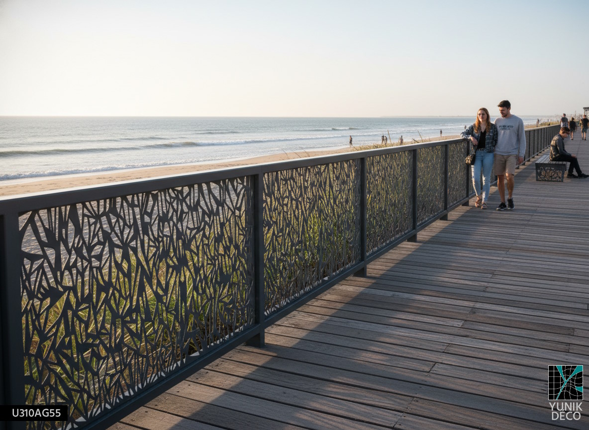 Garde-corps métallique motif Clichet sublimant une promenade en bord de mer par un jeu de lumière naturel, design par Yunik Déco.