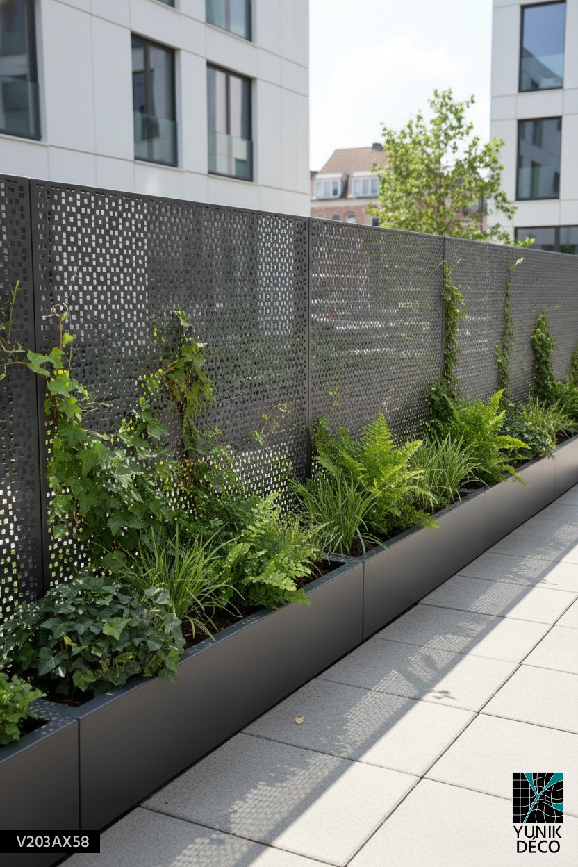 Clôture métallique motif Alternance en tôle perforée, alliant design urbain et intégration végétale dans une ville en développement, design par Yunik Déco.