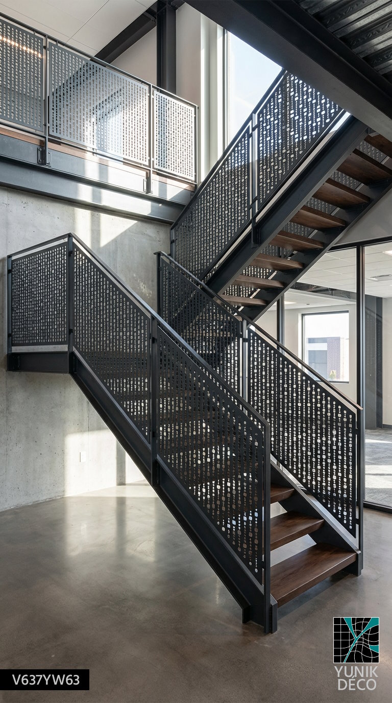 Rambarde d’escalier en métal perforé à ronds aléatoires, associée à des marches en bois, offrant un design moderne et sécurisant, design par Yunik Déco