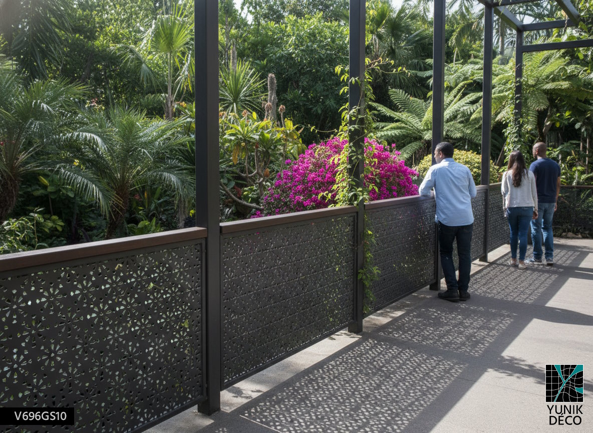 Rambarde métallique motif Anathese, sécurisante et immersive, intégrée dans un jardin botanique au cœur de la nature, design par Yunik Déco.