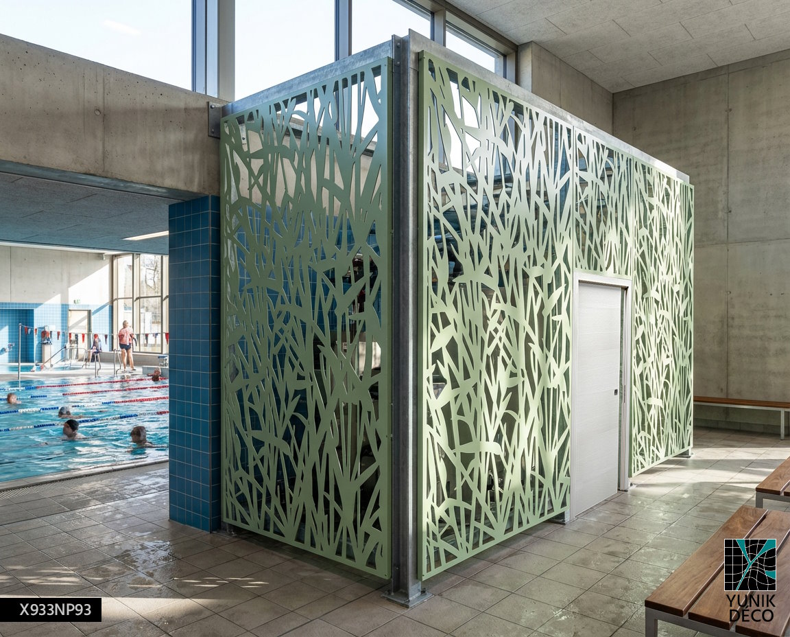 Cloison métallique ajourée motif végétal Arethusa dans piscine, sécurisant les équipements tout en apportant esthétique, design par Yunik Déco.