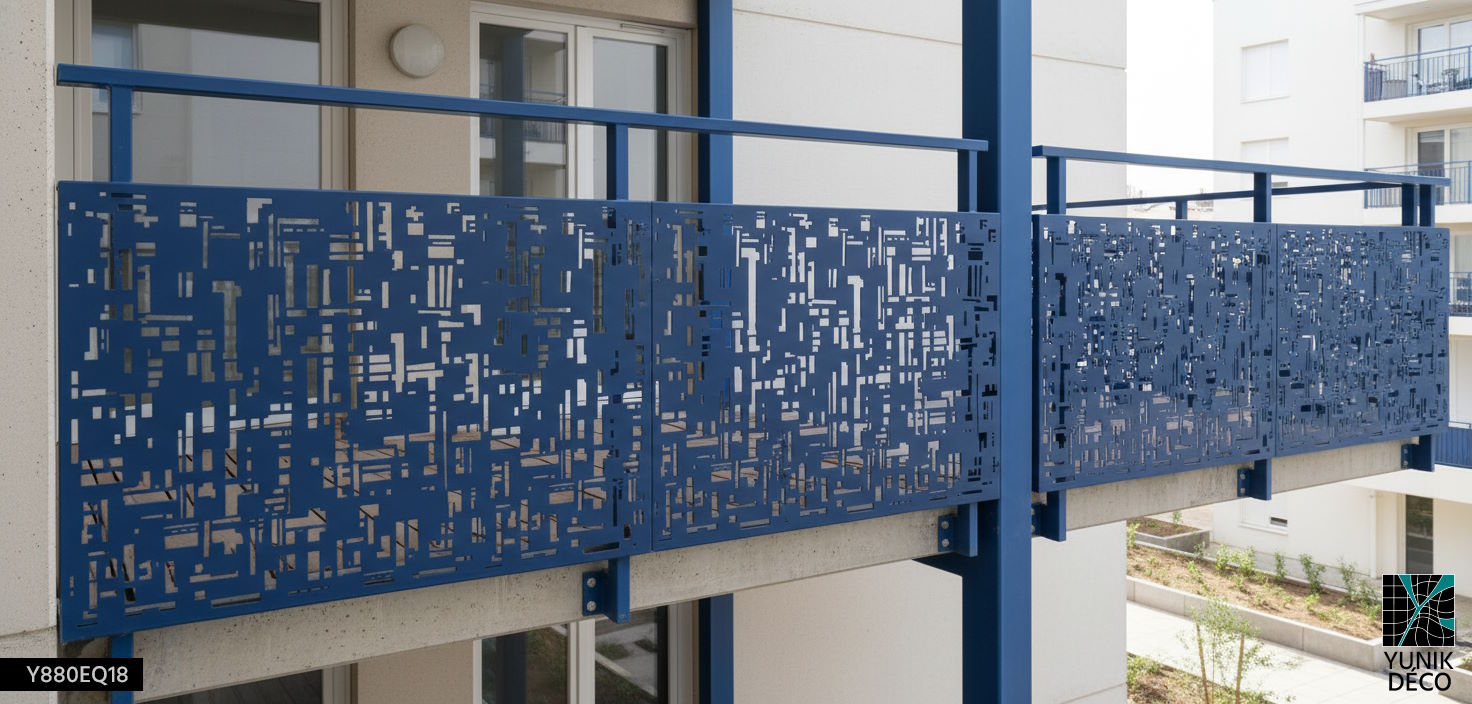 Garde-corps métallique bleu RAL 5019 avec motif géométrique, pour balcon de logements sociaux urbains, design par Yunik Déco.